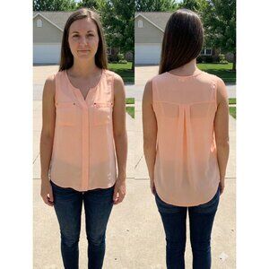 Maurices Peach Chiffon Sleeveless Blouse Medium V-Neck Dual Pocket Pleated Back